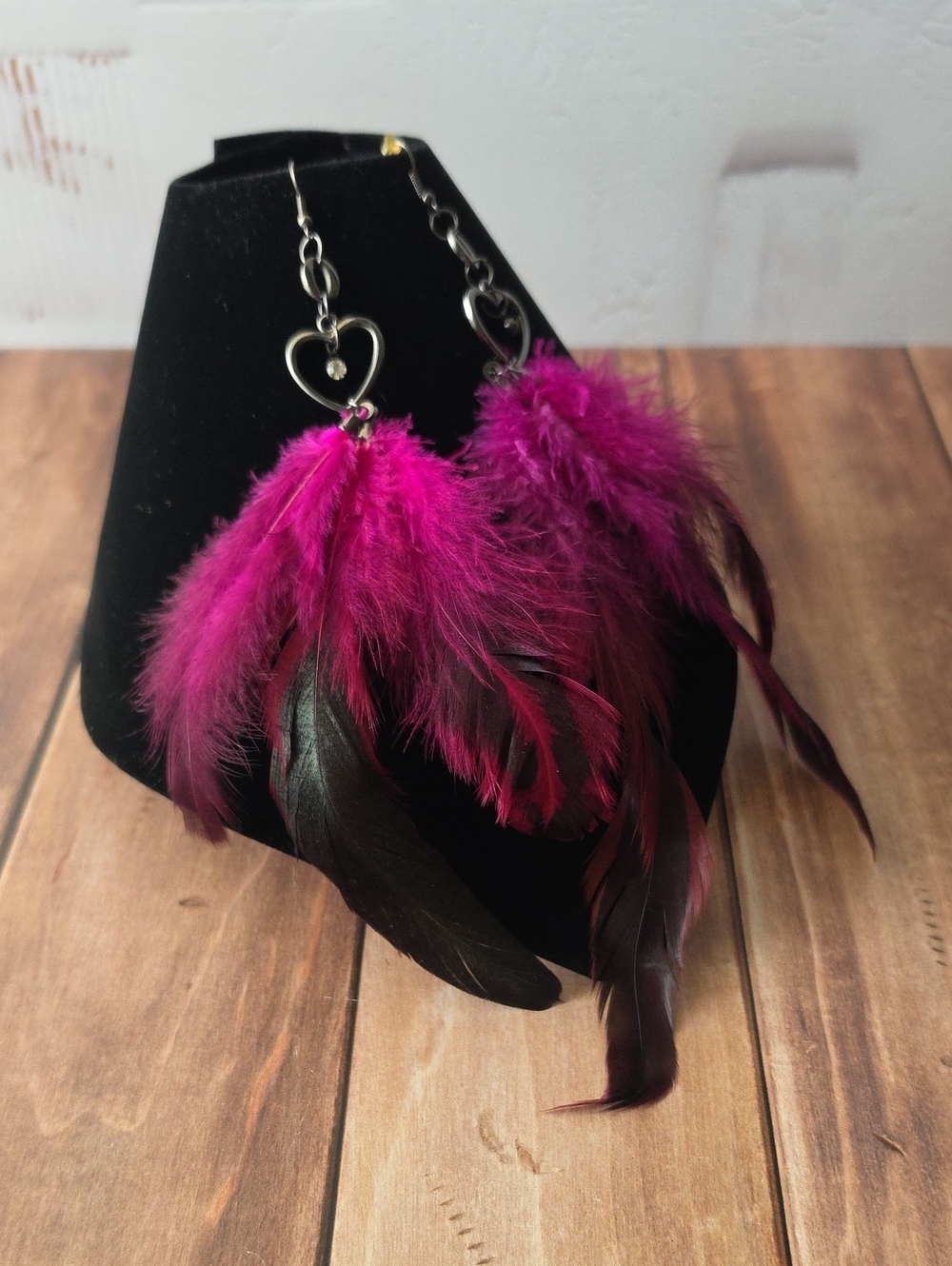 Fuchsia Feather Heart Dangle Earrings